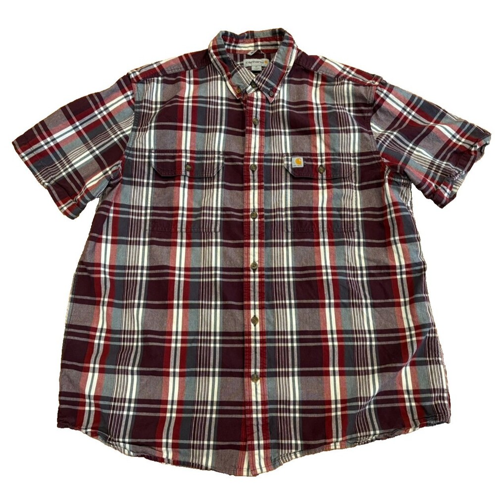 CARHARTT Shirt Mens XL Relaxed Fit Red Blue Plaid Short Sleeve Work 100% Cotton
